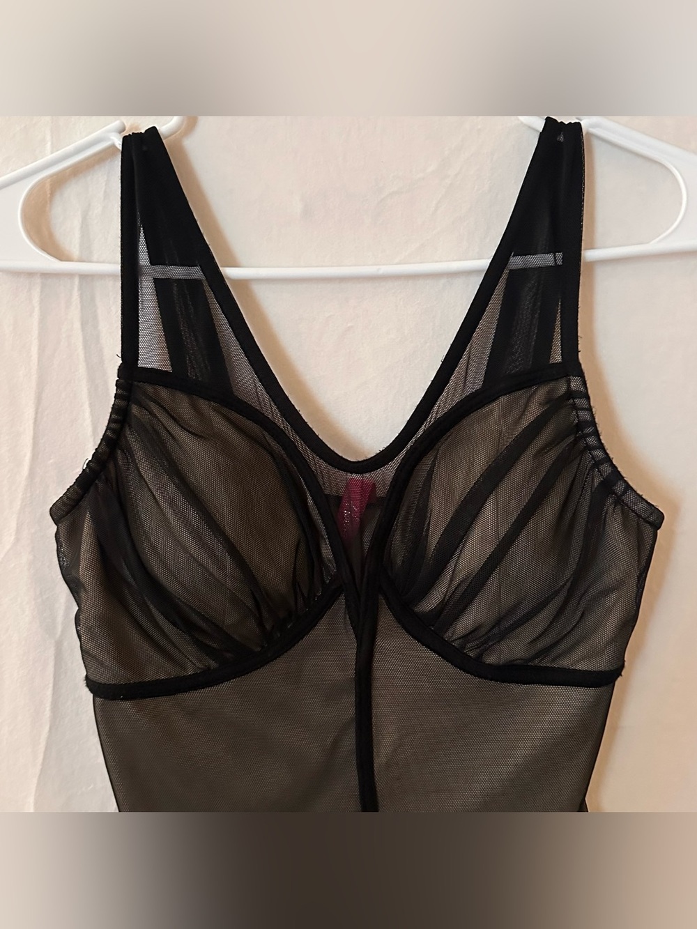 Vintage 2000s Hottie Black mesh and nude bodysuit with button snaps. Size Small